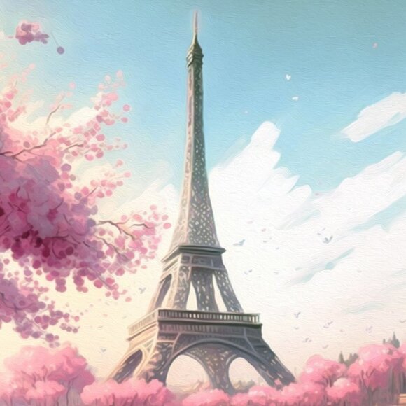 Paris Eiffel Tower Floral Fantasy‎ Watercolor Oil Painting Art Print - Picture 4 of 6